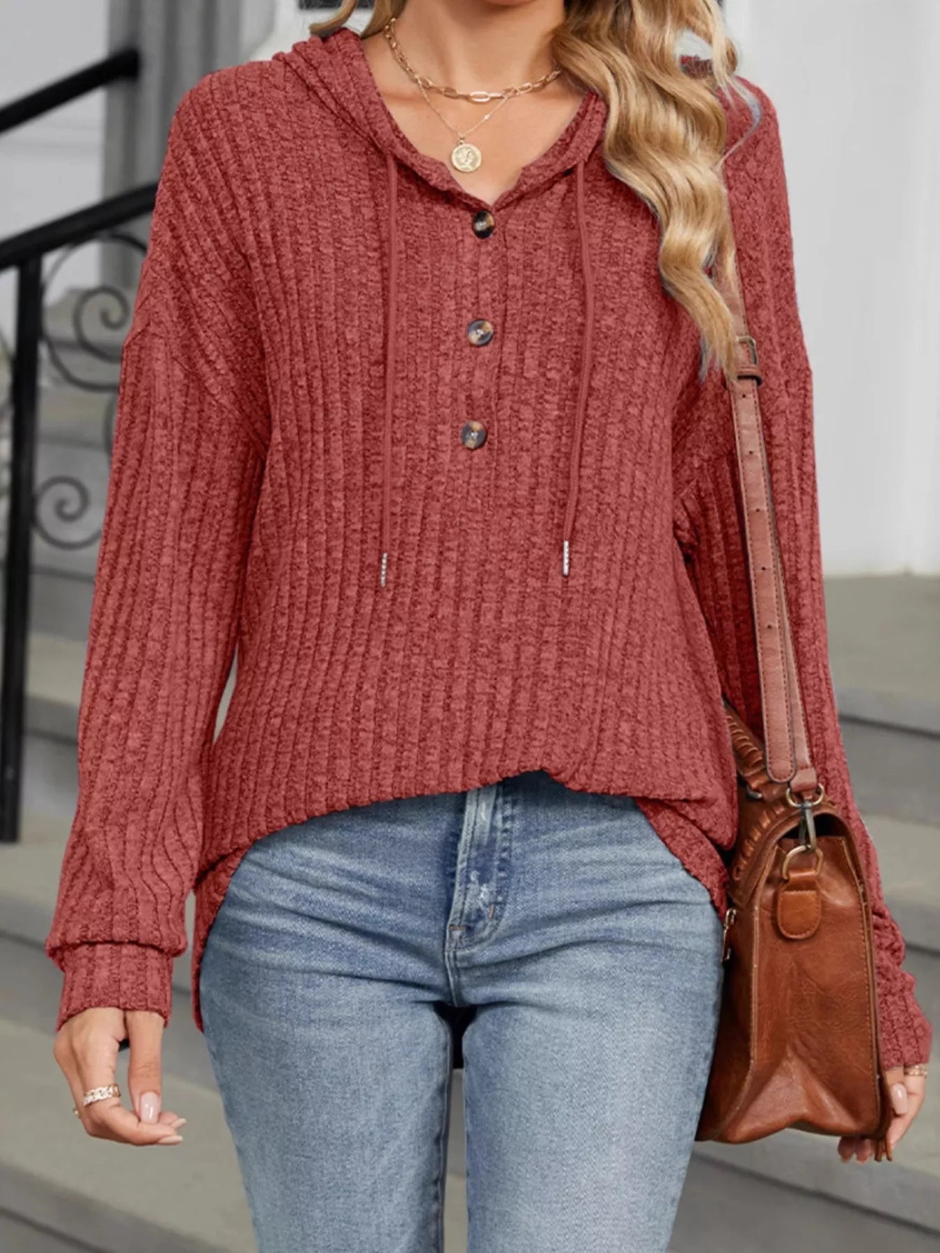 Casual Ribbed Knit Button Detail Hoodie