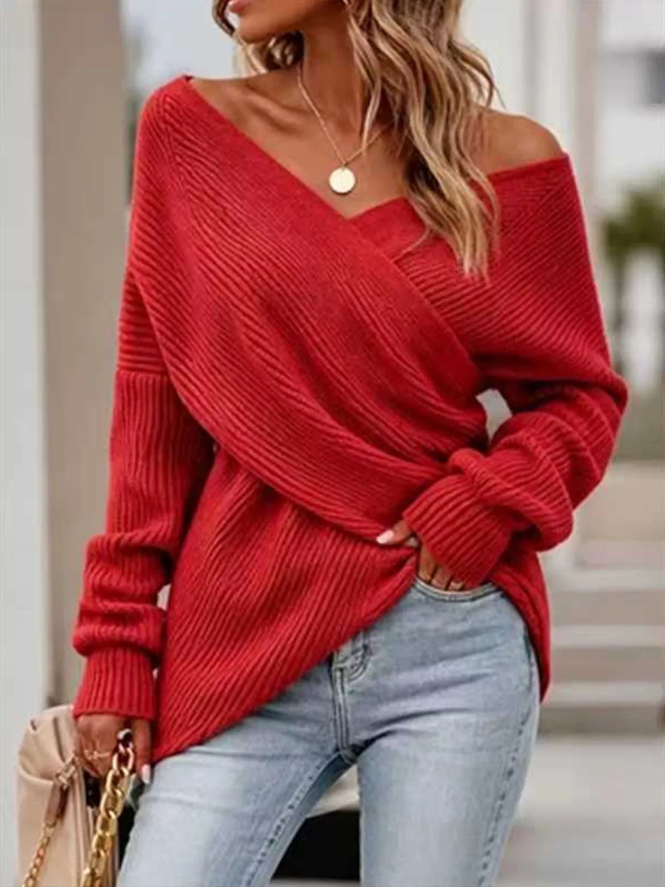 Crisscross Ribbed Knit Long Sleeve Sweater