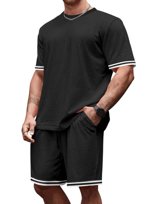 Men's Full Size Striped Short Sleeve Tee and Shorts Set Plus Size