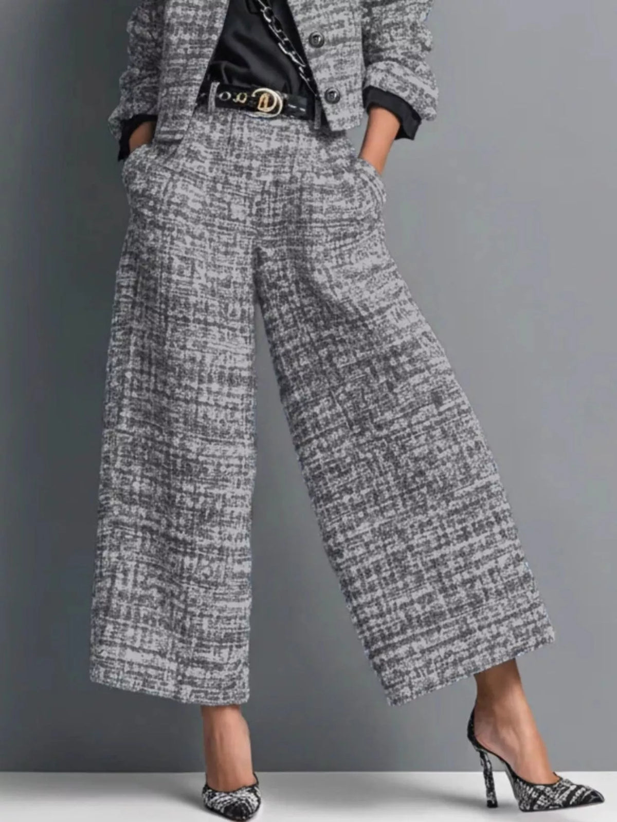 Full Size Tweed Cropped Jacket and Wide-Leg Pants Two-Piece Set Plus Size