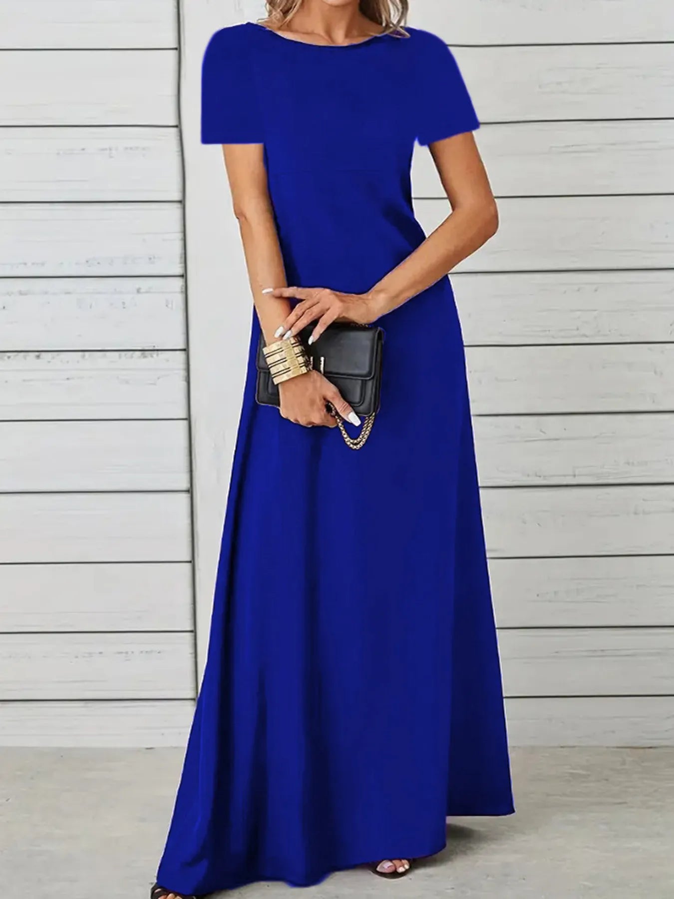 Full Size Round Neck Short Sleeve A-Line Maxi Dress Plus Size