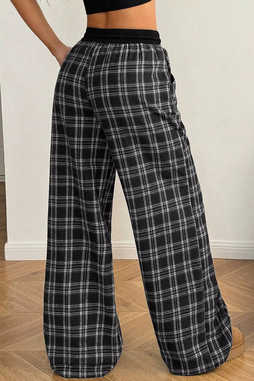 Plaid Wide-Leg Drawstring Pants
