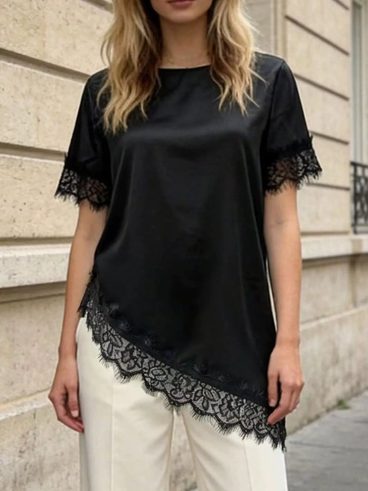 Lace Trim Short Sleeve Satin Top