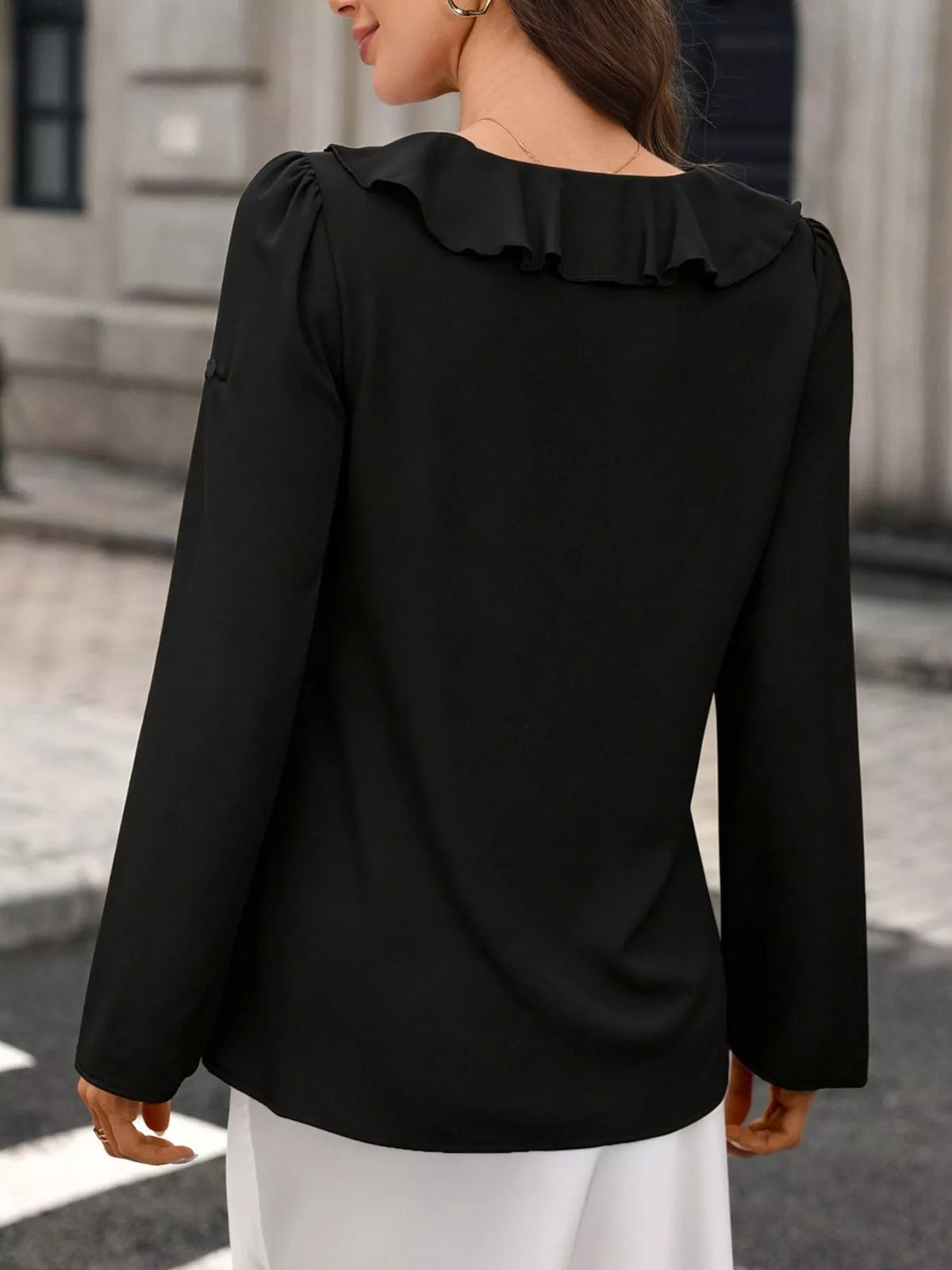 Ruffled V-Neck Roll-Up Sleeves Blouse