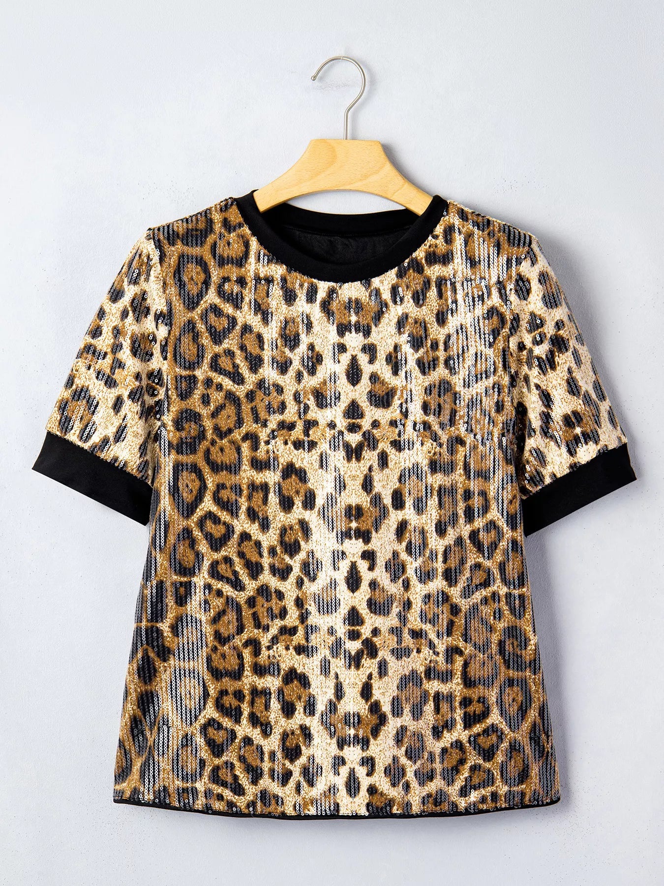 Sequin Leopard Pattern Short Sleeve Top