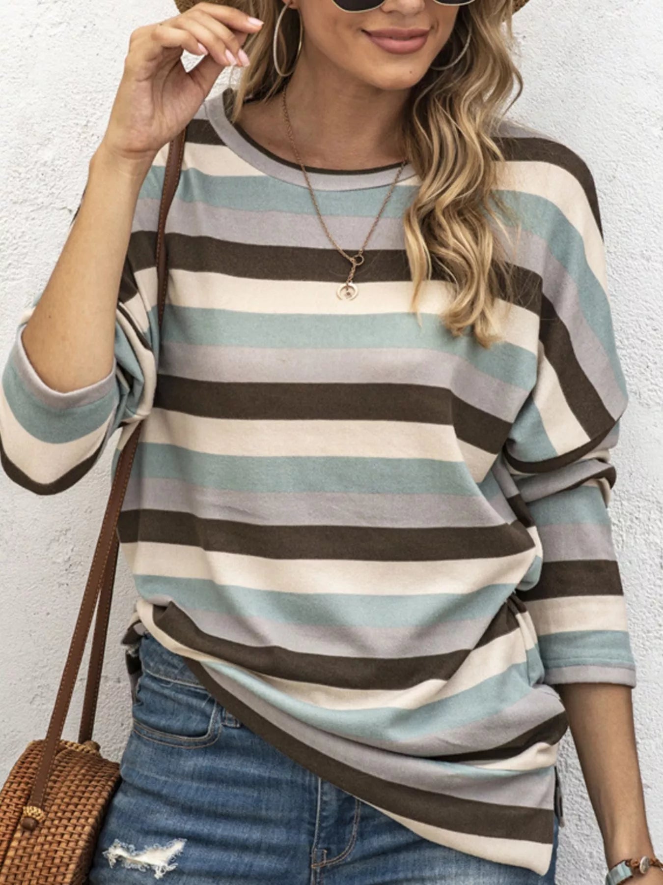 Full Size Casual Striped Long Sleeve Crew Neck Top Plus Size