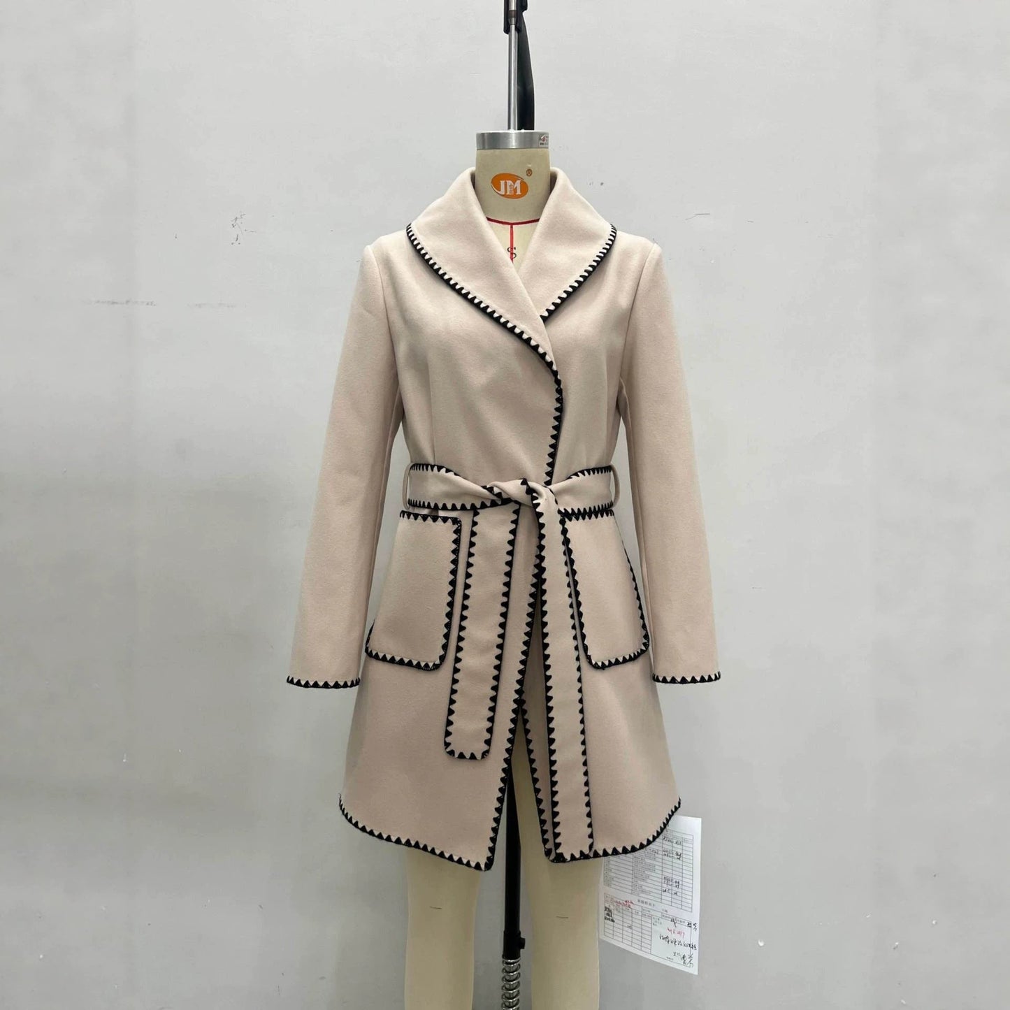 French Elegant Wool Coat | Notched Lapel Zigzag Trim & Belt | Apricot