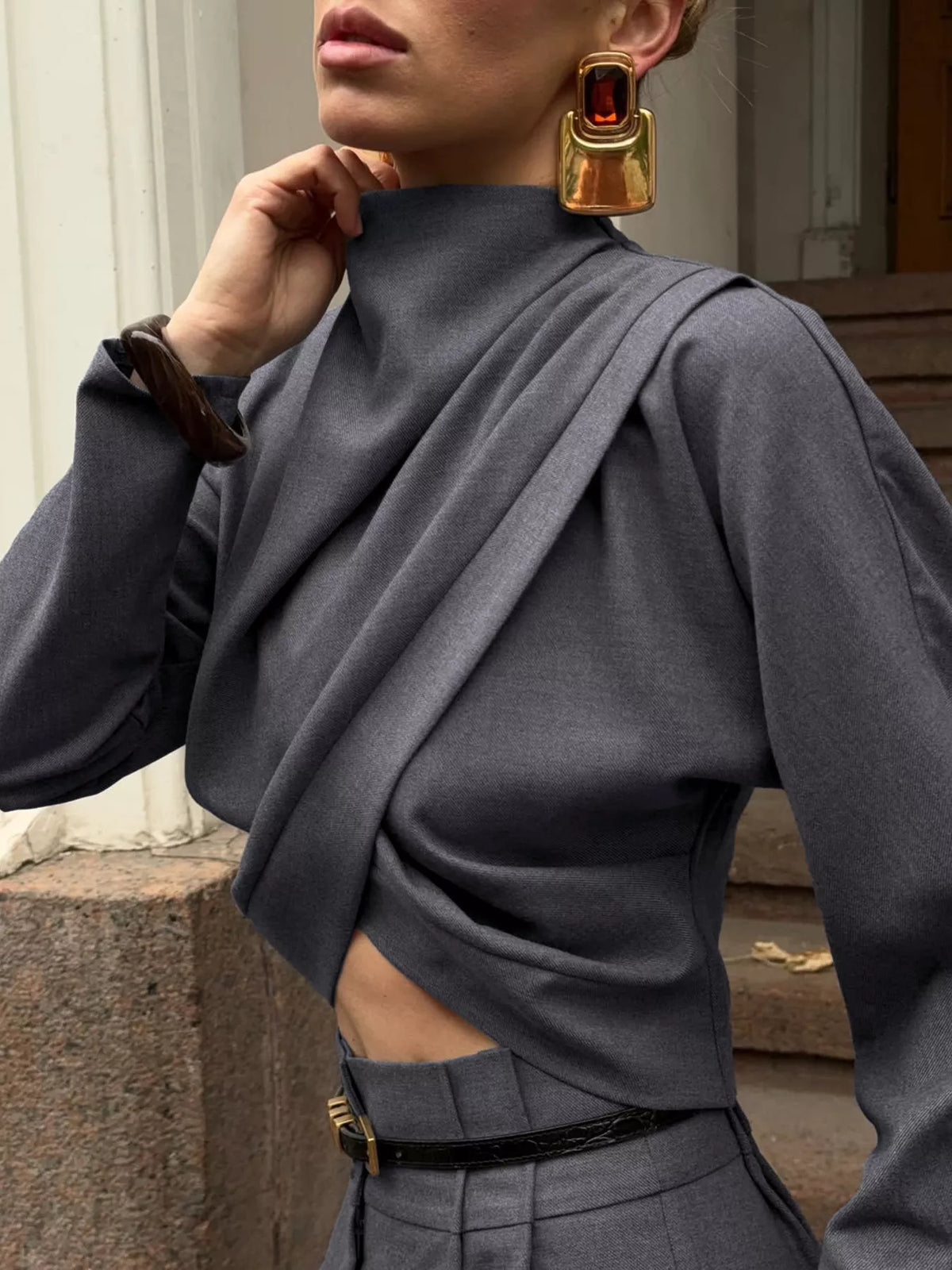 Draped Crop Top and Wide-Leg Pants Set