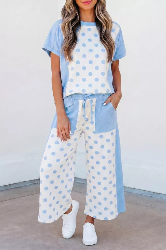 Color Block Patchwork Polka Dot Wide Leg Pant Set