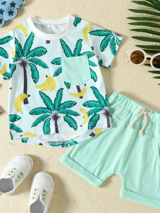 Children's Tropical Banana Print Casual Tee and Shorts Set