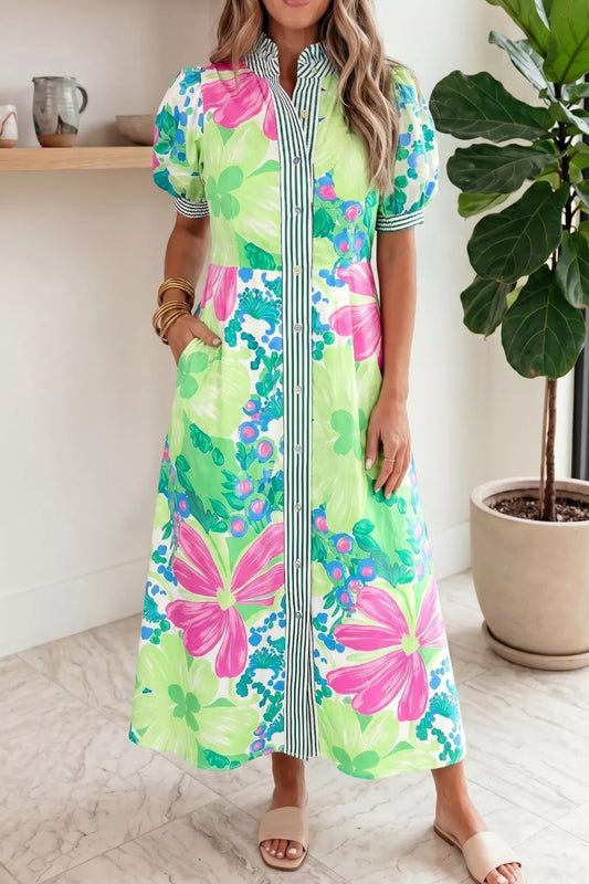 Floral Print Button-Up Midi Dress with Puff Sleeves