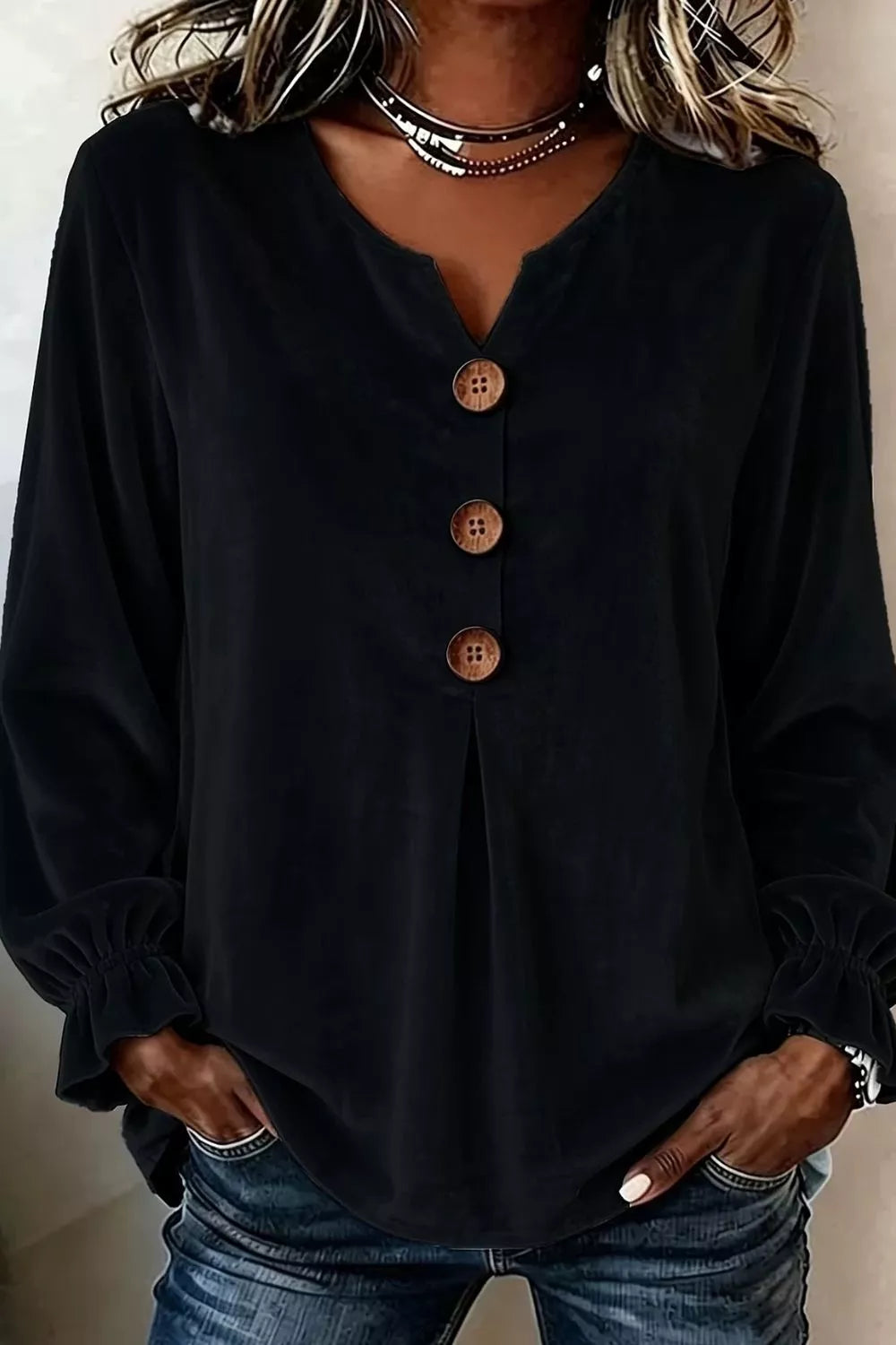 Full Size Velvet Button Decor Blouse with Ruffled Cuffs Plus Size