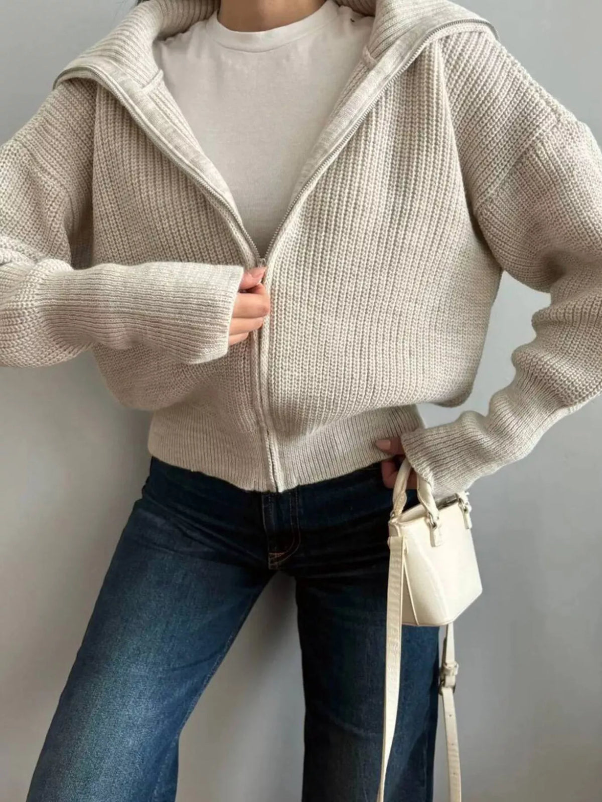 Zip Up Dropped Shoulder Cardigan