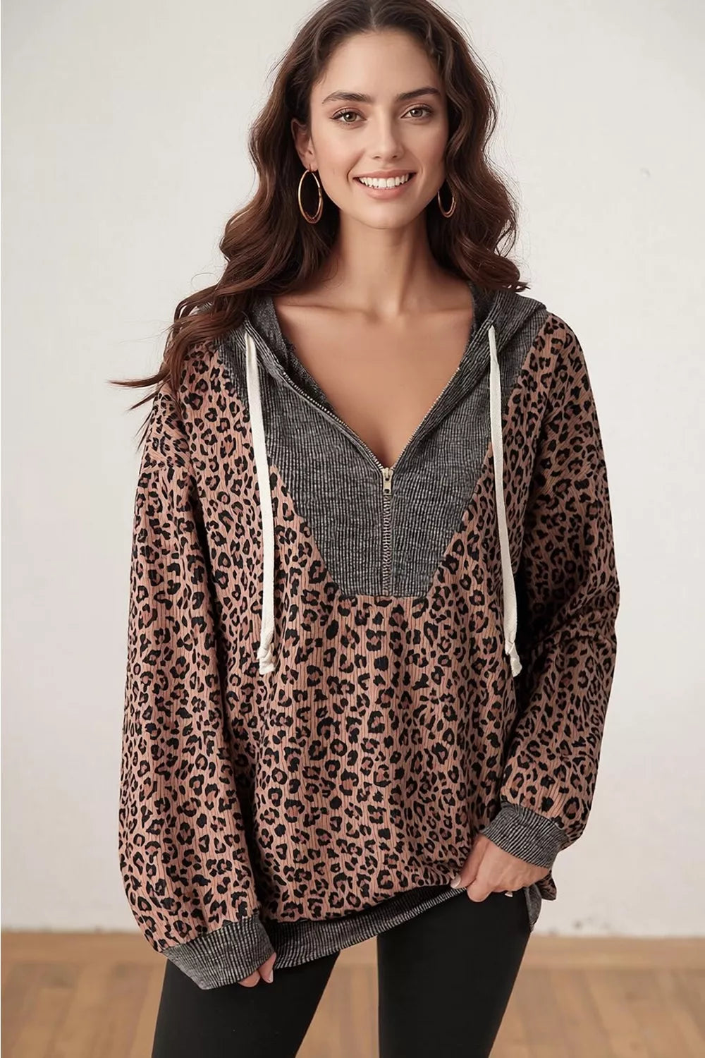 Leopard Print Quarter-Zip Hoodie