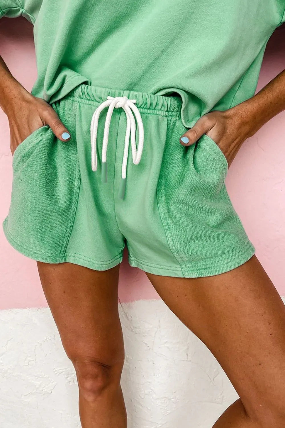 V-Neck Short Sleeve Loose Top and Drawstring Shorts Set