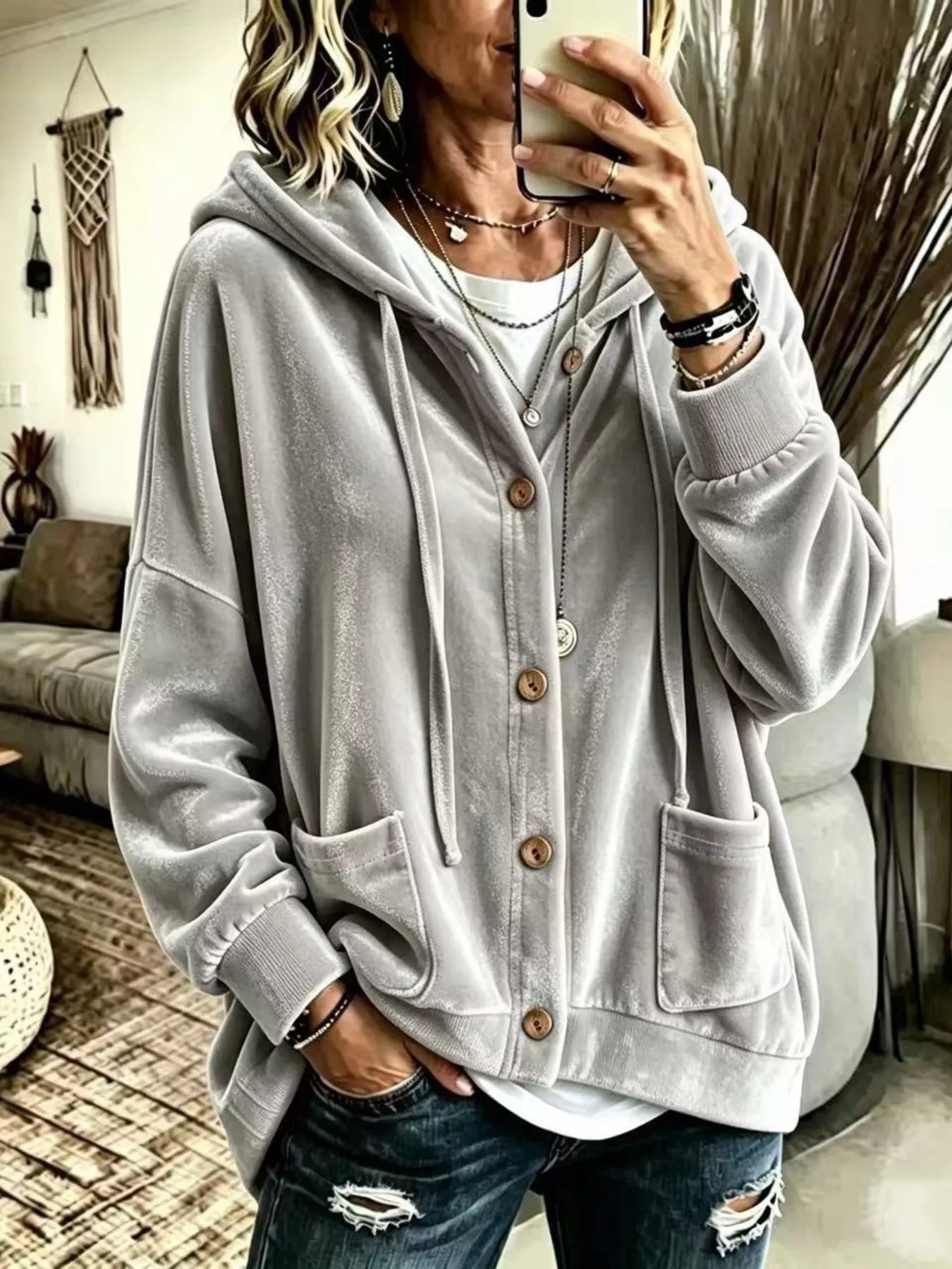 Full Size Casual Button-Down Hooded Outerwear Plus Size