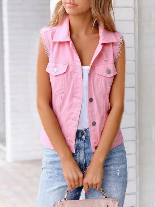 Full Size Sleeveless Frayed Denim Vest Jacket Plus Size