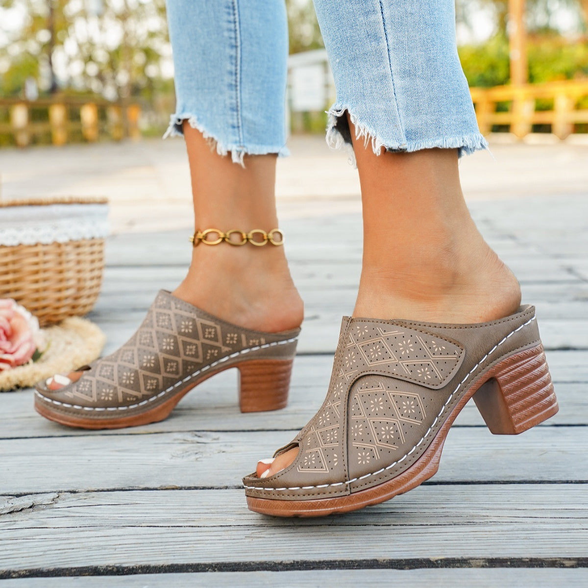 Peep Toe Block Heel Sandals