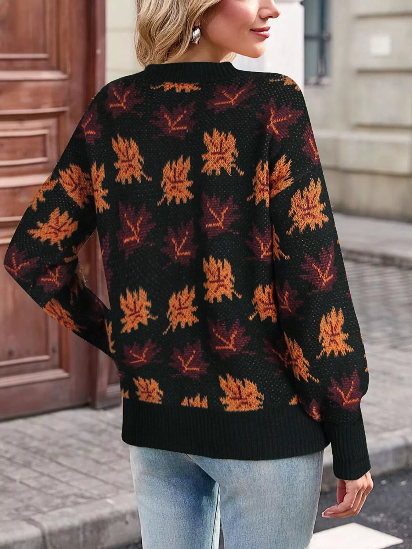 Autumn Leaf Pattern Mock Neck Sweater