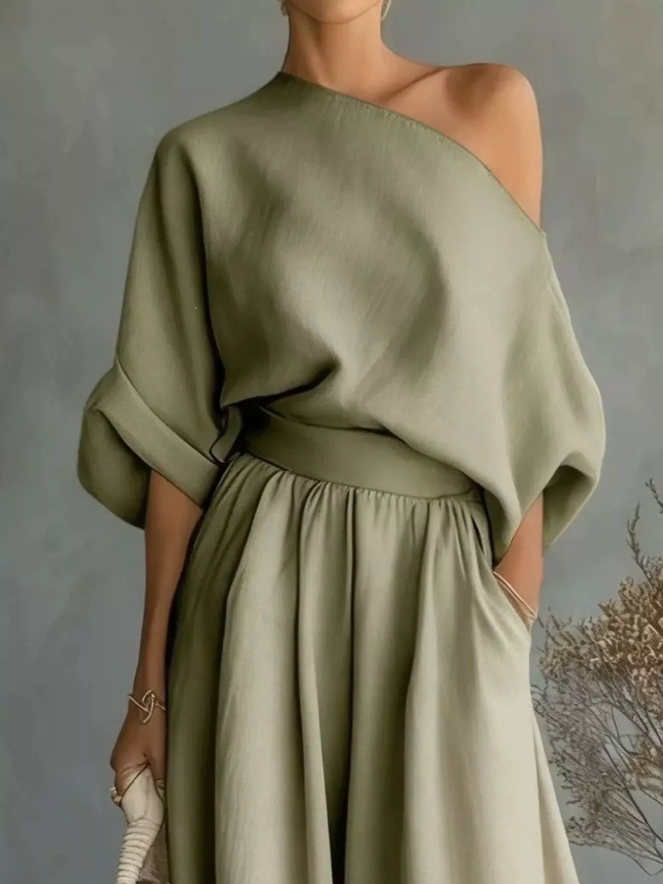 Full Size One Shoulder Top and Wide Leg Pants Set Plus Size