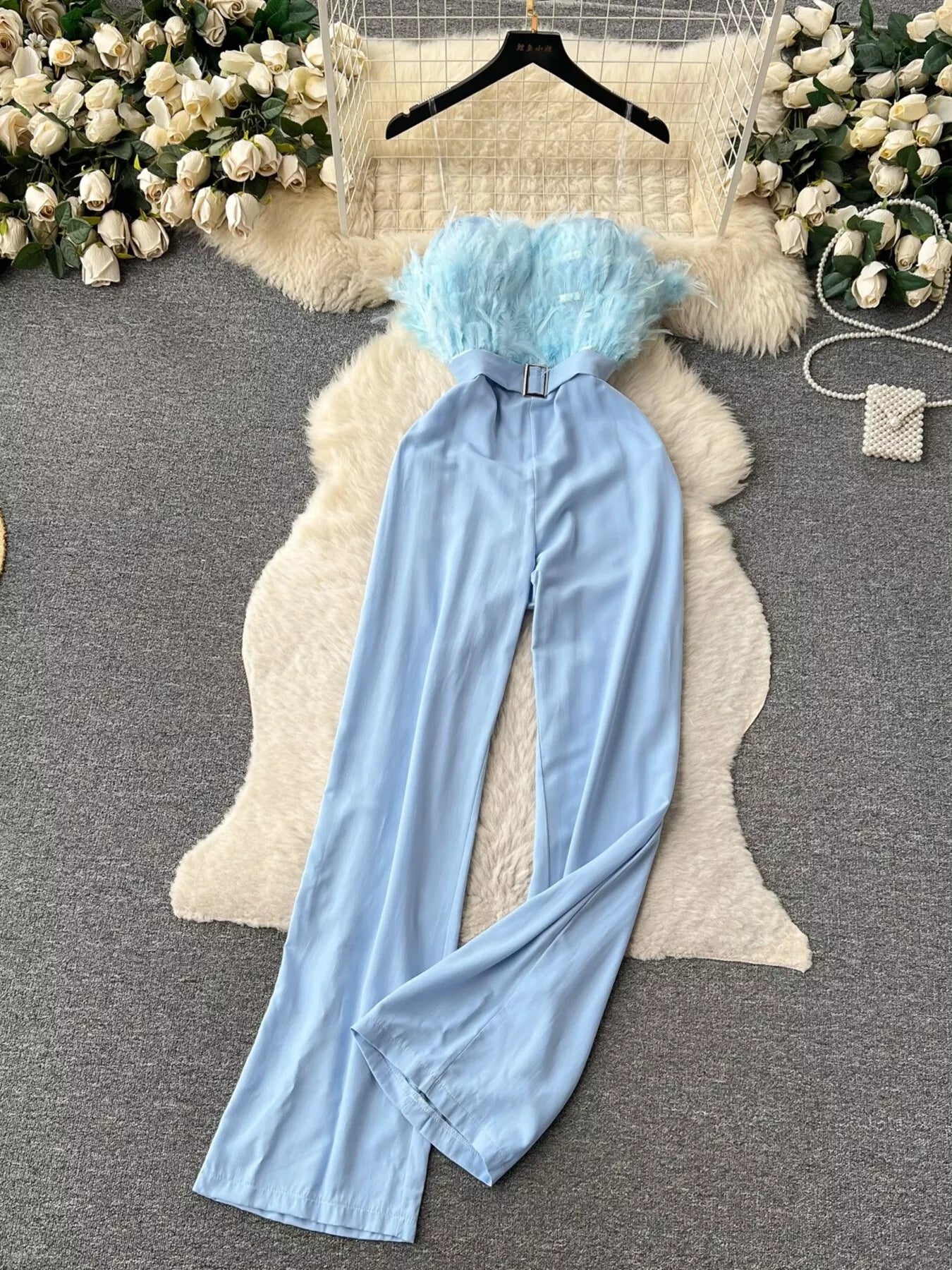 Feather Trim Strapless Wide Leg Jumpsuit