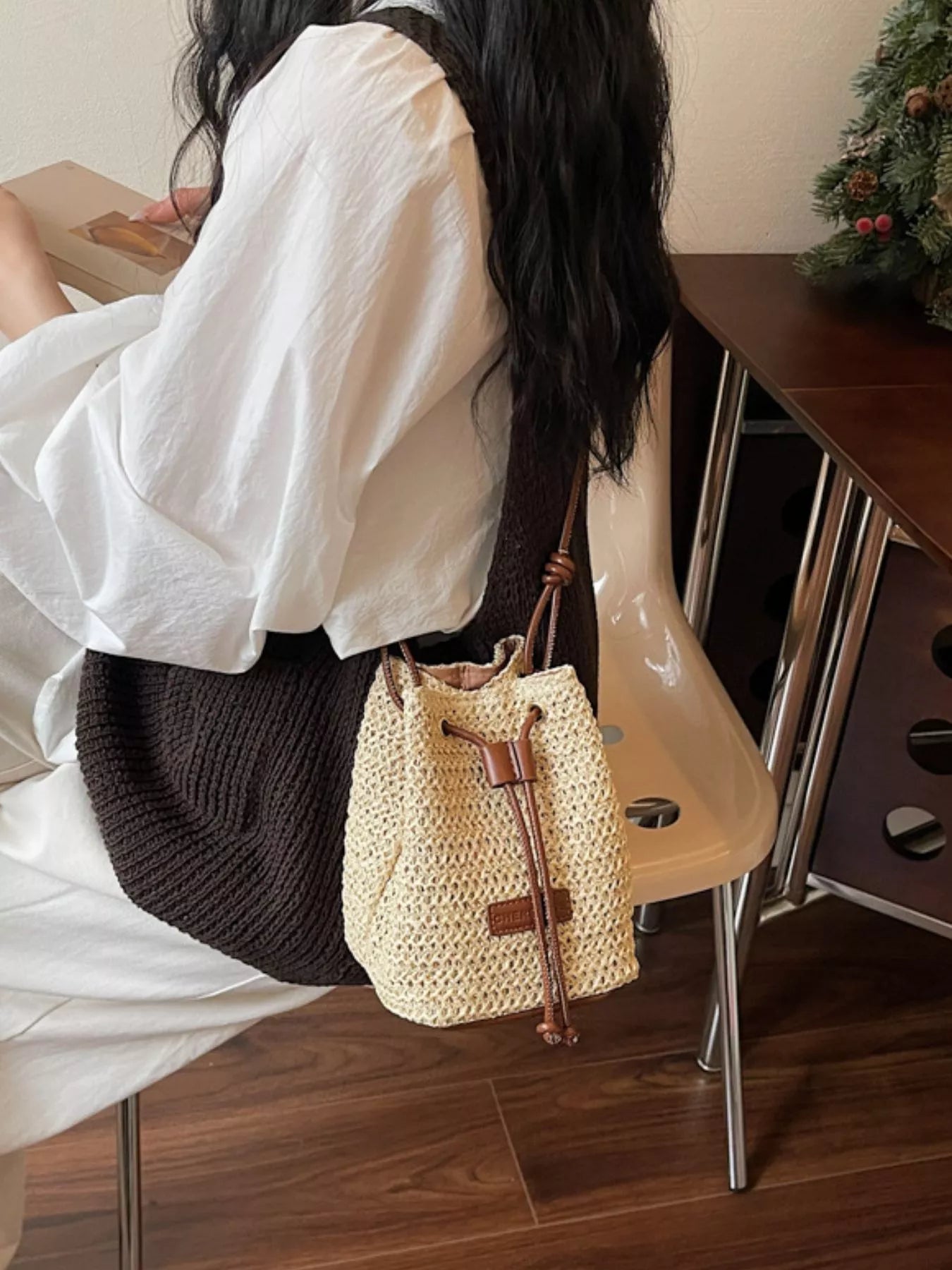 Straw Bucket Crossbody Bag
