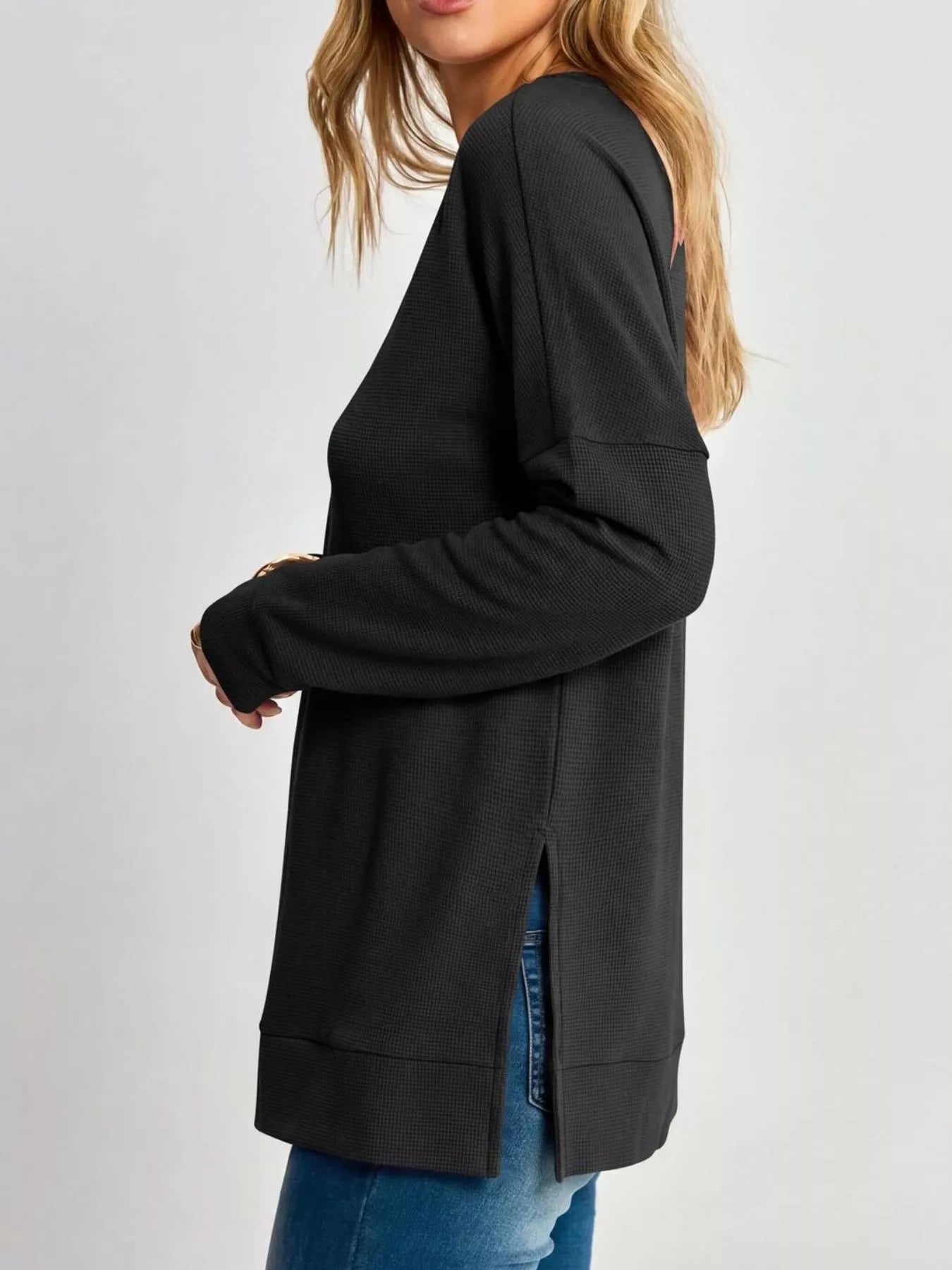 Side Slit Waffle Knit V-Neck T-Shirt