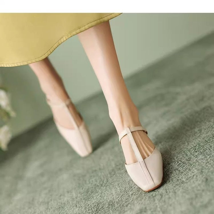 Women's French Vintage Square Toe Block Heel Mule Sandals – T-Strap
