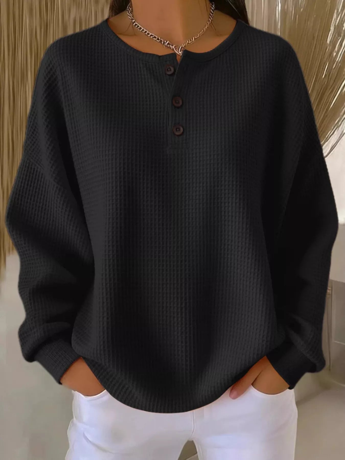 Full Size Waffle Knit Button Detail Top Plus Size
