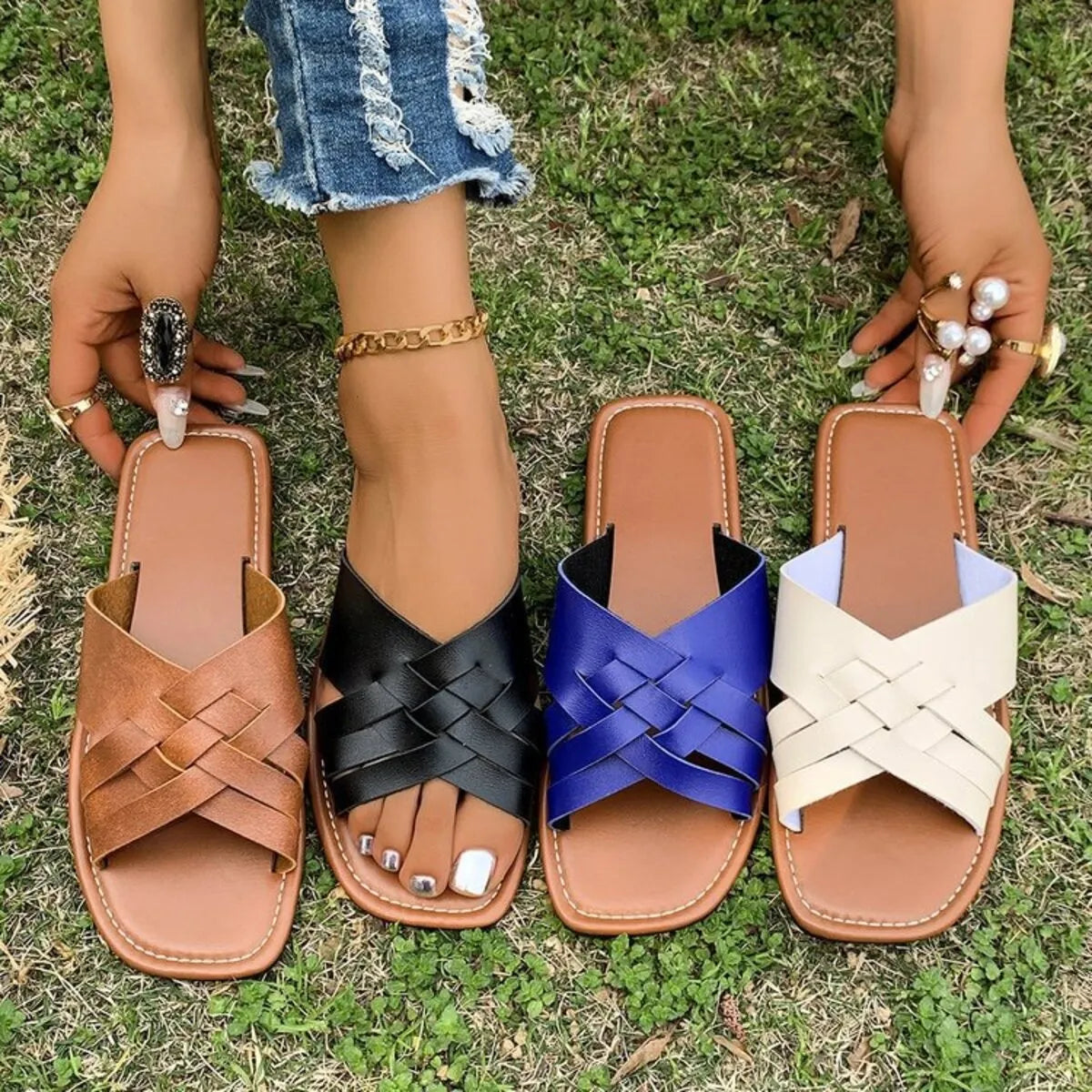 Woven Cross Strap Flat Sandals