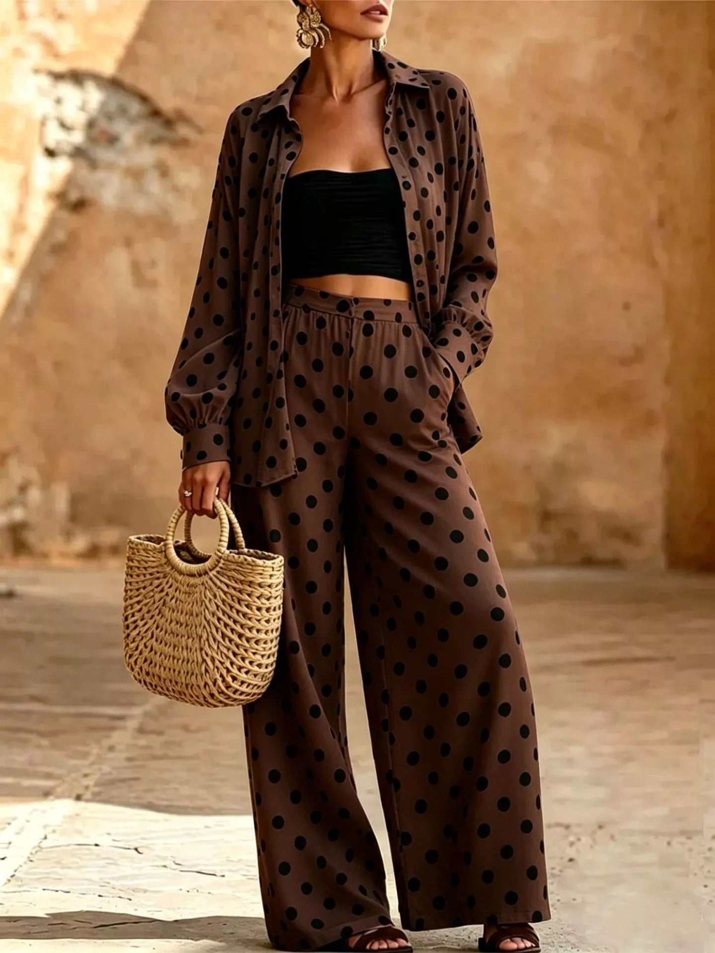 Full Size Polka Dot Shirt and Wide-Leg Pants Set Plus Size