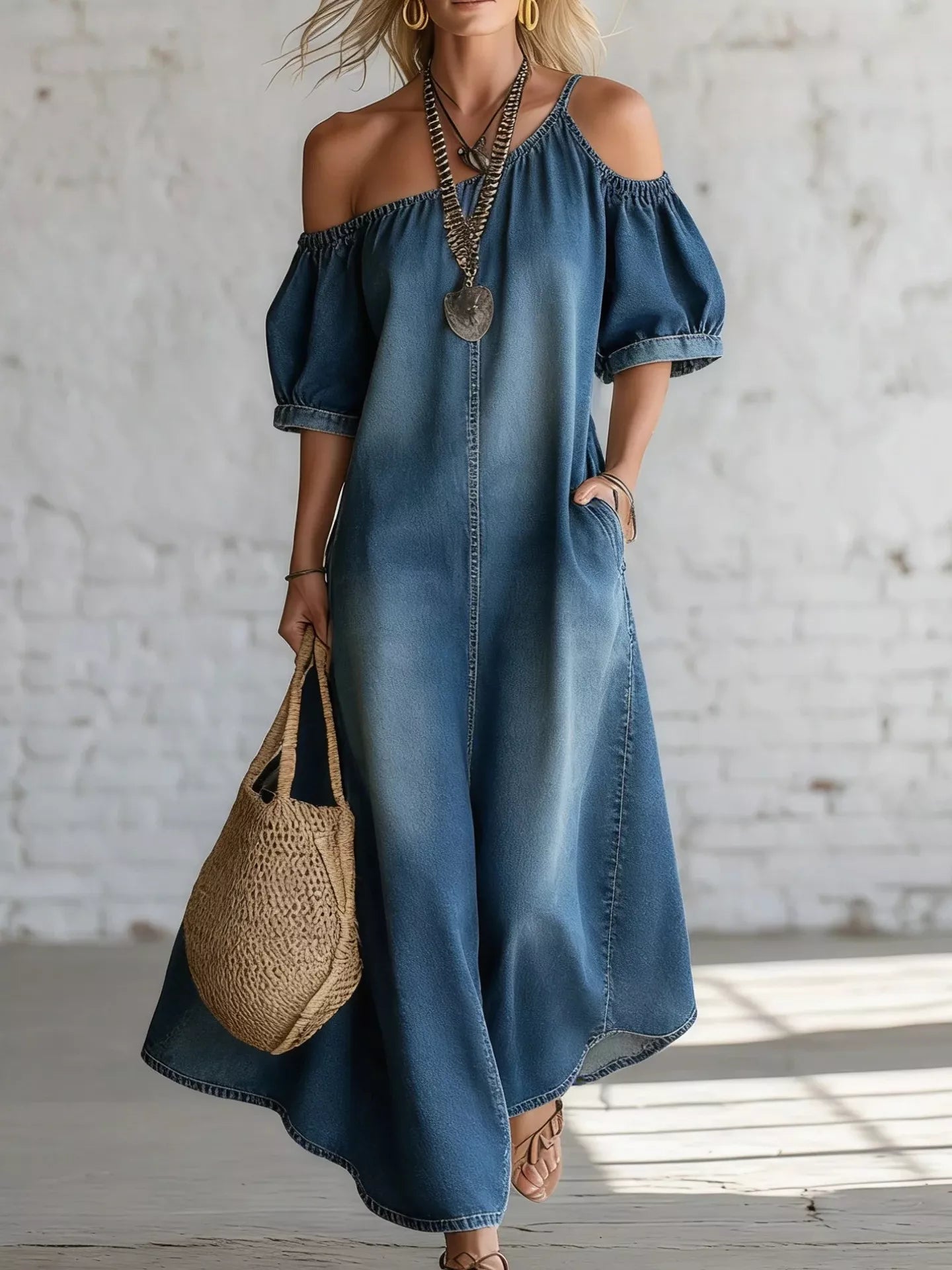 Asymmetrical Neck Denim Maxi Dress with Pockets