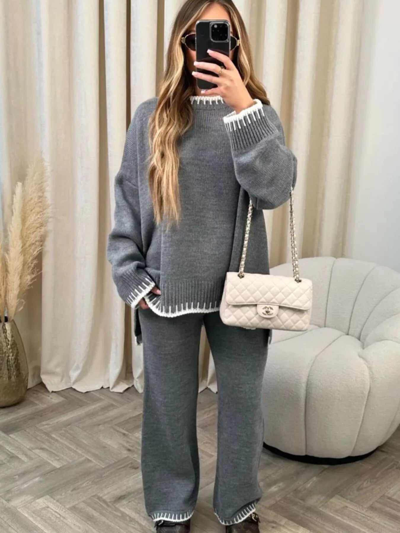 Contrast Trim Round Neck Top and Pants Sweater Set