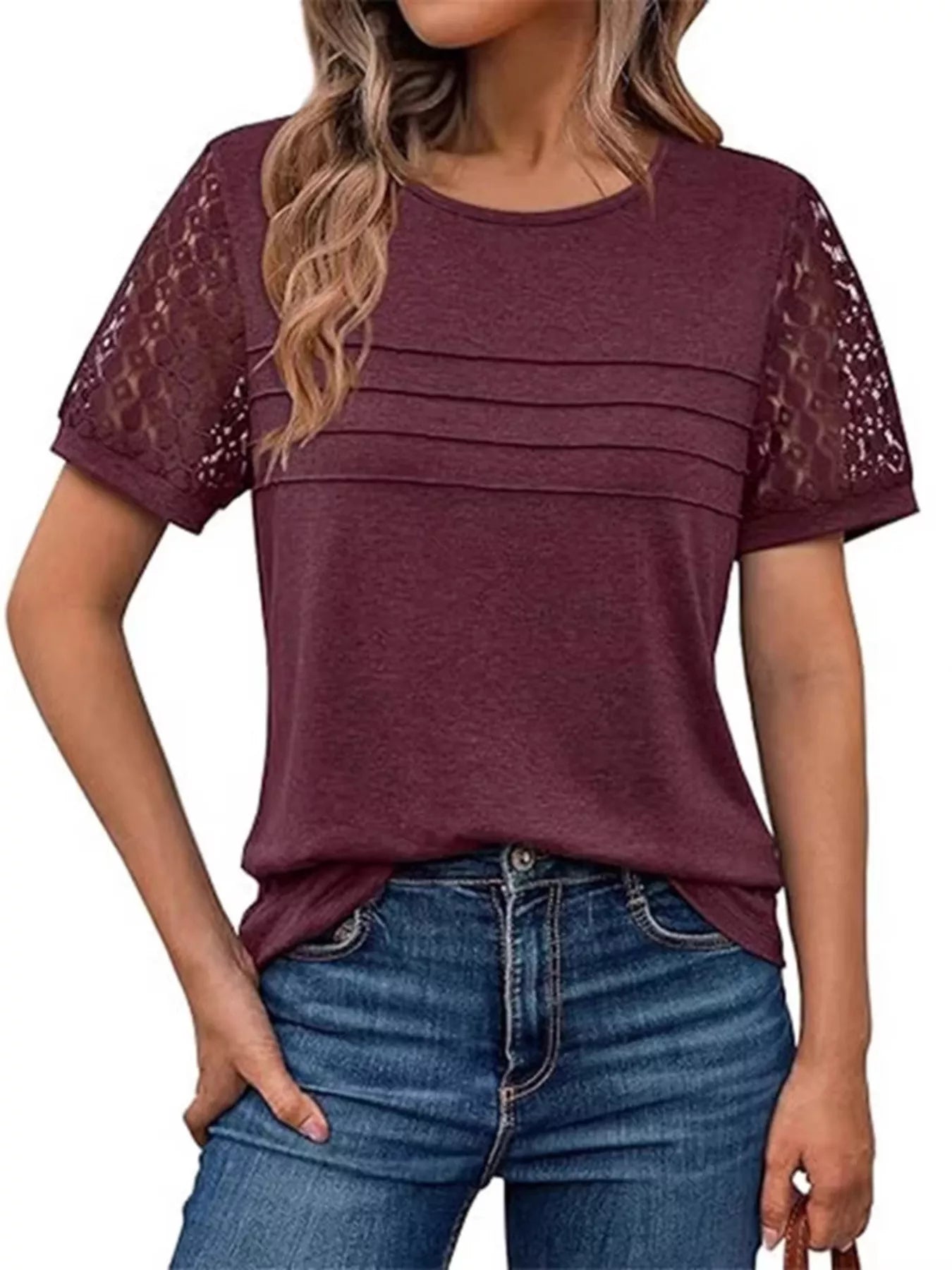 Lace Short Sleeve Round Neck T-Shirt