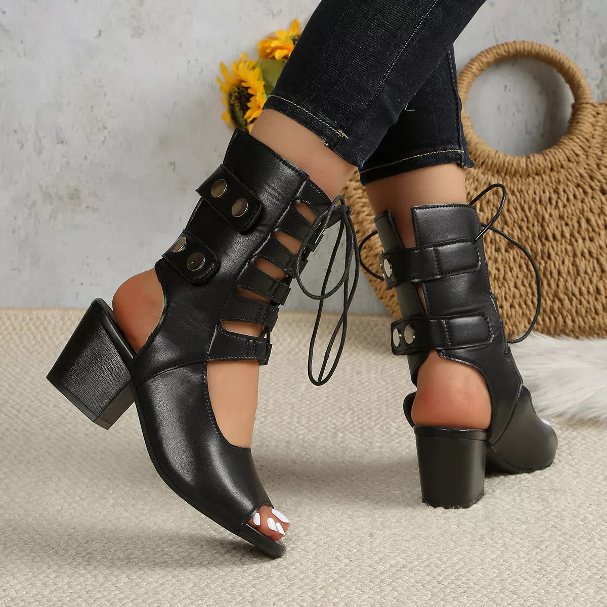 Lace Up Block Heels Sandals