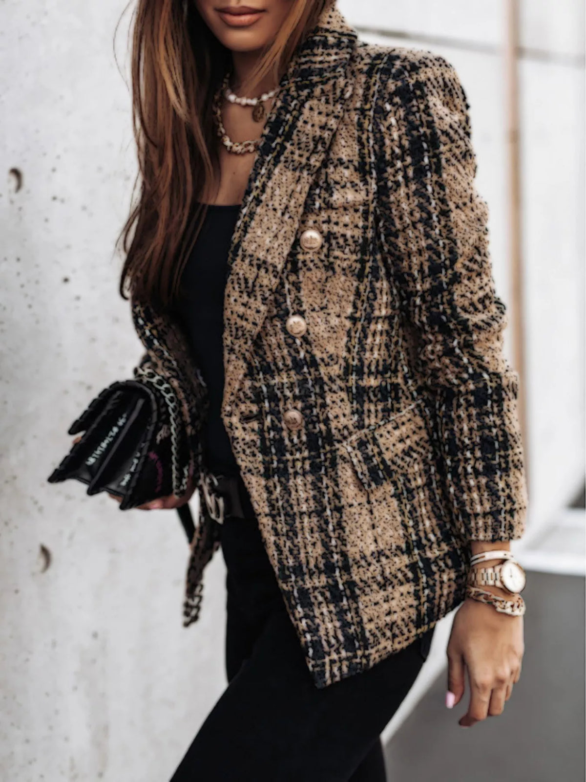 Full Size Plaid Tweed Double-Breasted Blazer Plus Size
