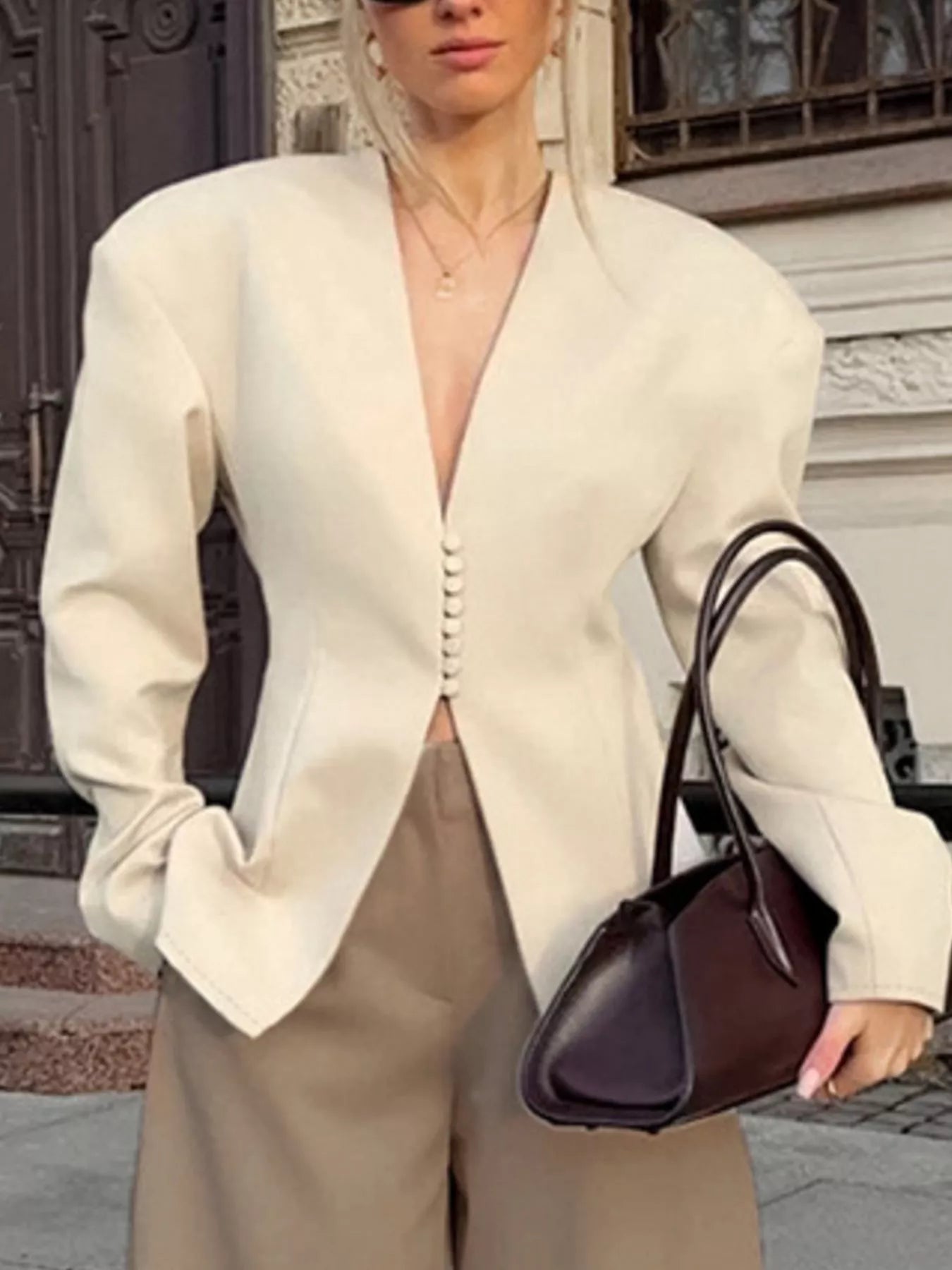 V-Neck Button-Up Blazer with Structured Shoulders