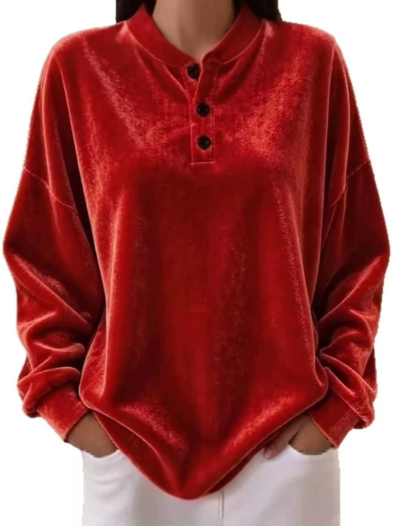 Velvet Henley Top with Button Detail