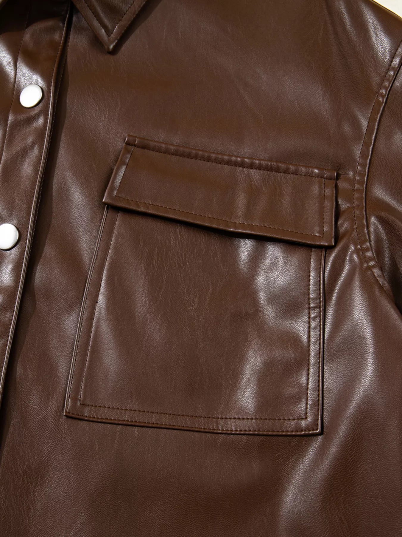 Double Flap Pocket Drawstring Hem Leather Jacket