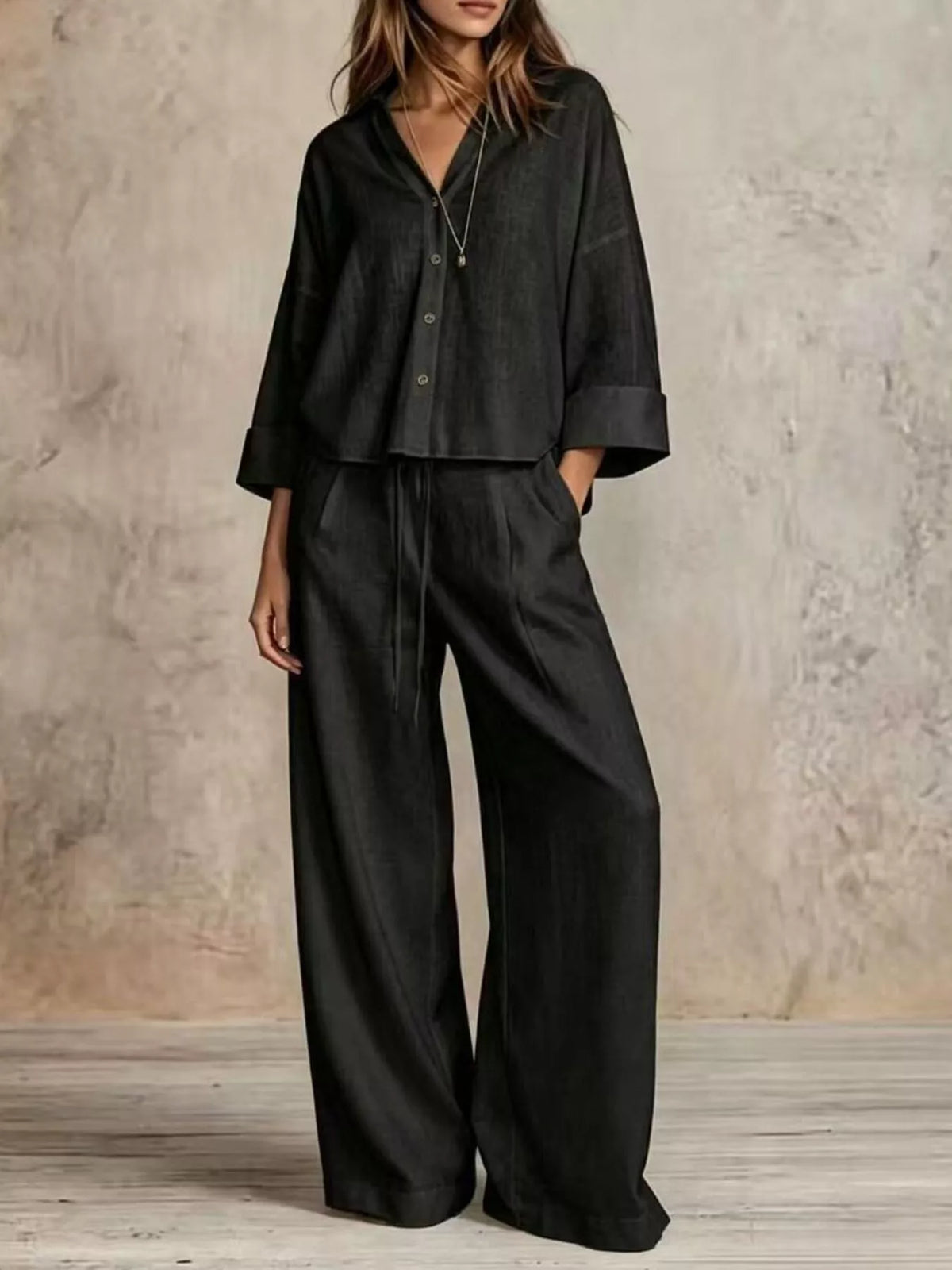 Full Size Button-Down Shirt and Wide-Leg Pants Set Plus Size