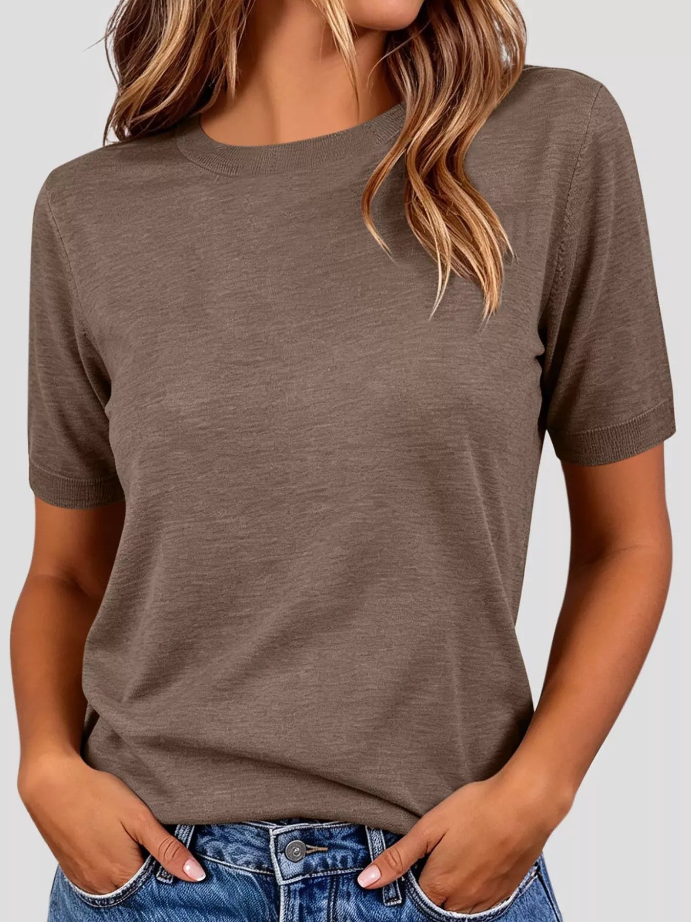 Classic Crew Neck Short Sleeve Knit Top