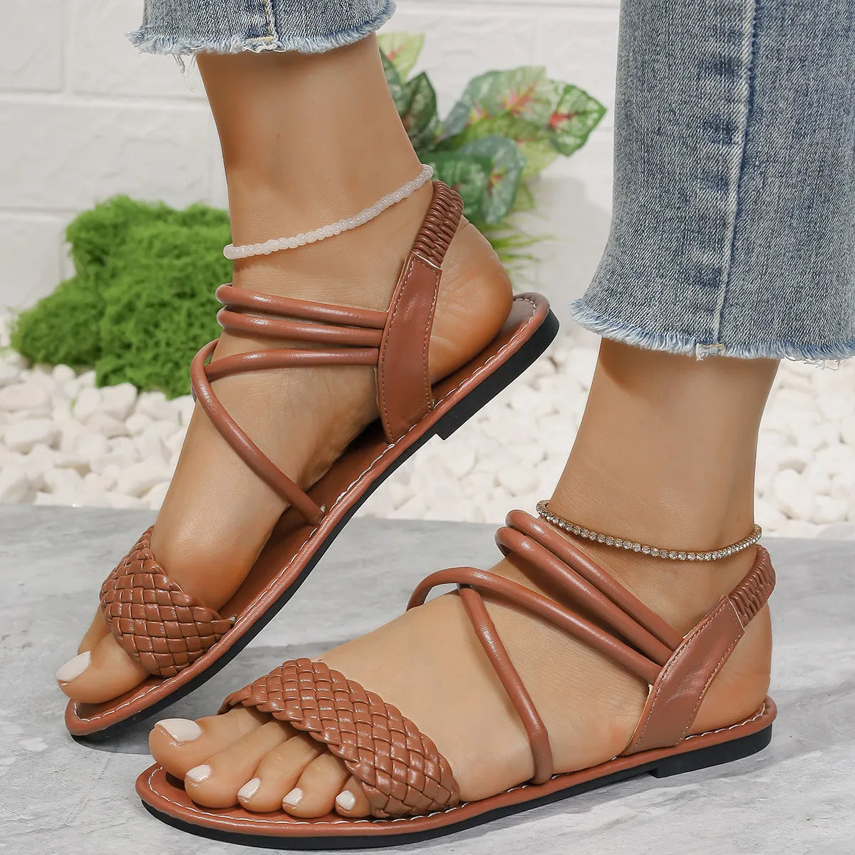 Braided Ankle Strap Flat Sandals