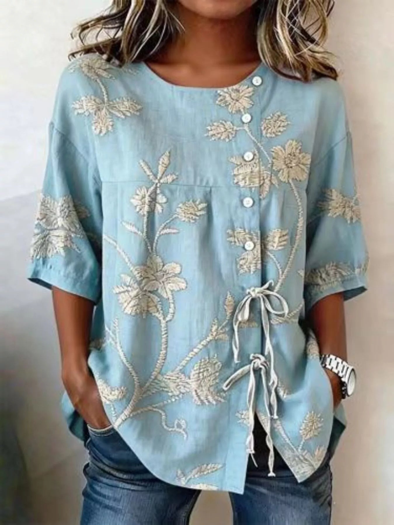 Full Size Embroidered Floral Tie Front Shirt Plus Size