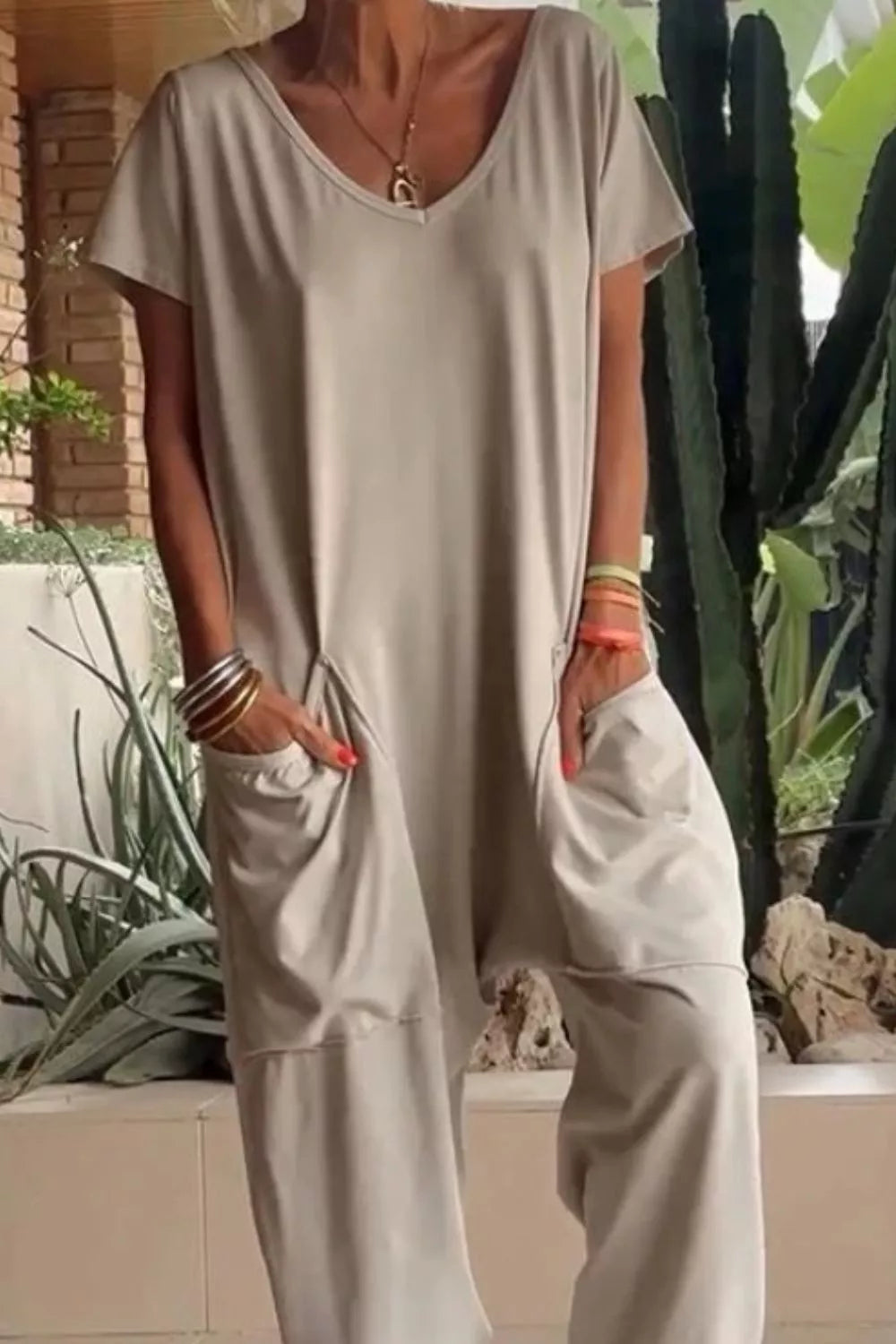 Full Size Casual V-Neck Short Sleeve Jumpsuit with Pockets Plus Size