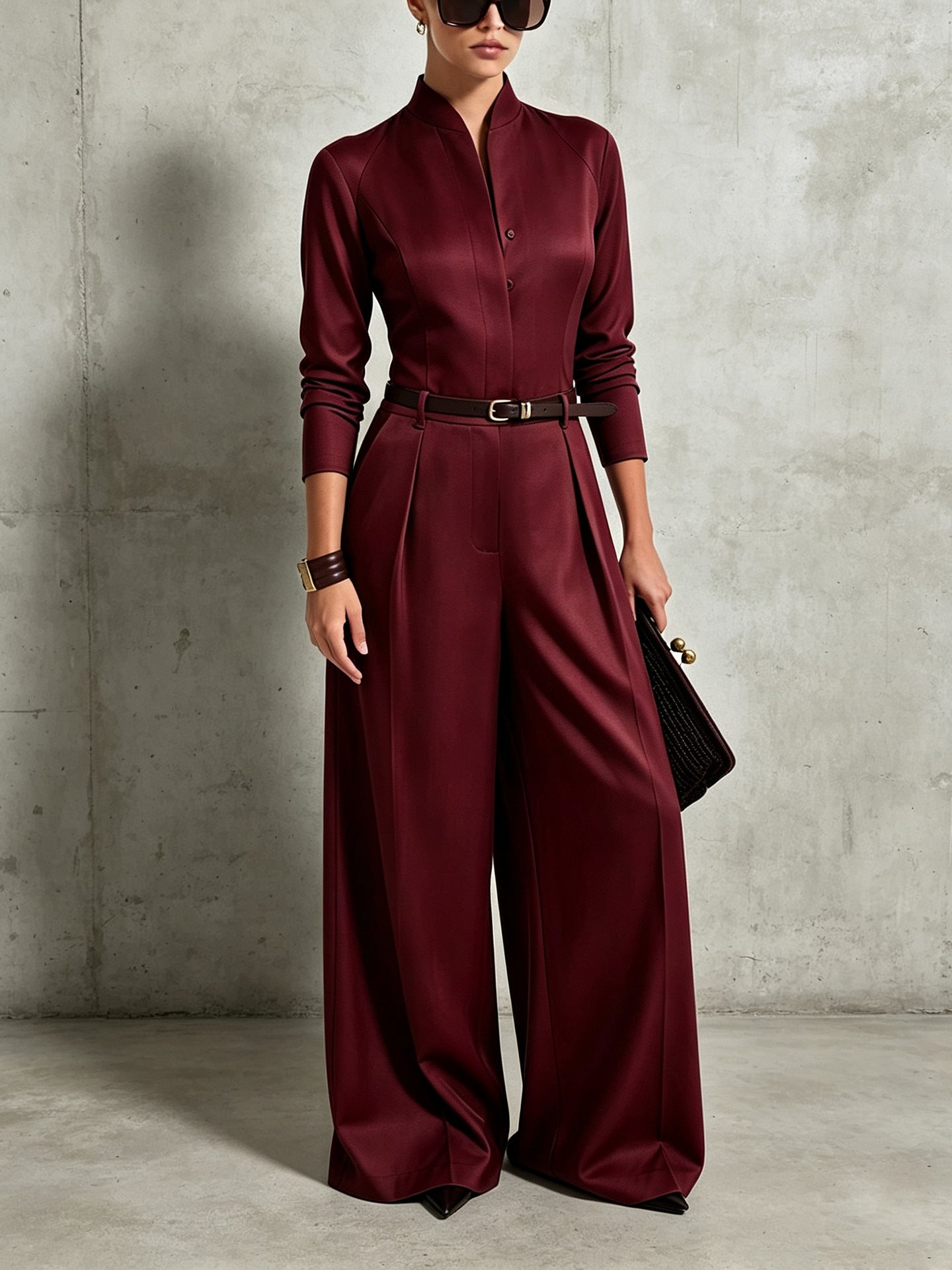 Women's Stand-Collar Long-Sleeve Wide-Leg Jumpsuit