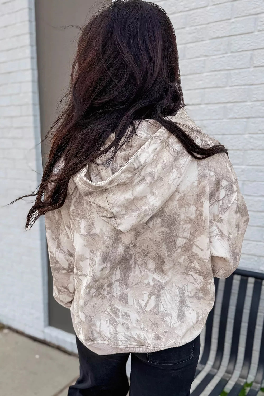Abstract Print Ribbed Cuffs Hem Long Sleeve Hoodie