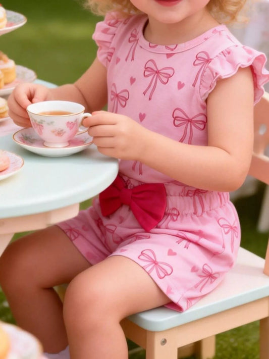 Children's Bowknot Ruffle Sleeve Top and Shorts Set