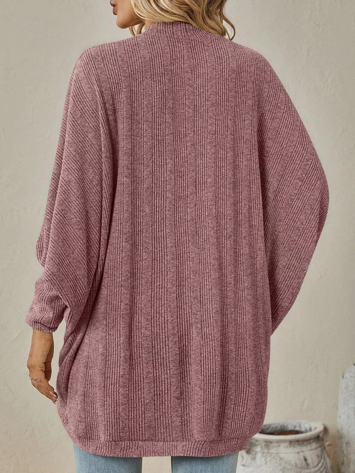 Casual Open Front Batwing Sleeve Ribbed Knit Cardigan