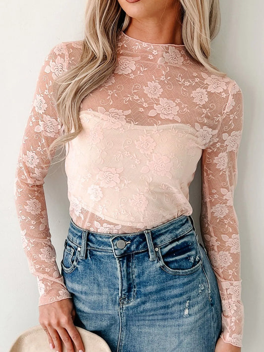 Lace Mock Neck Long Sleeve Blouse
