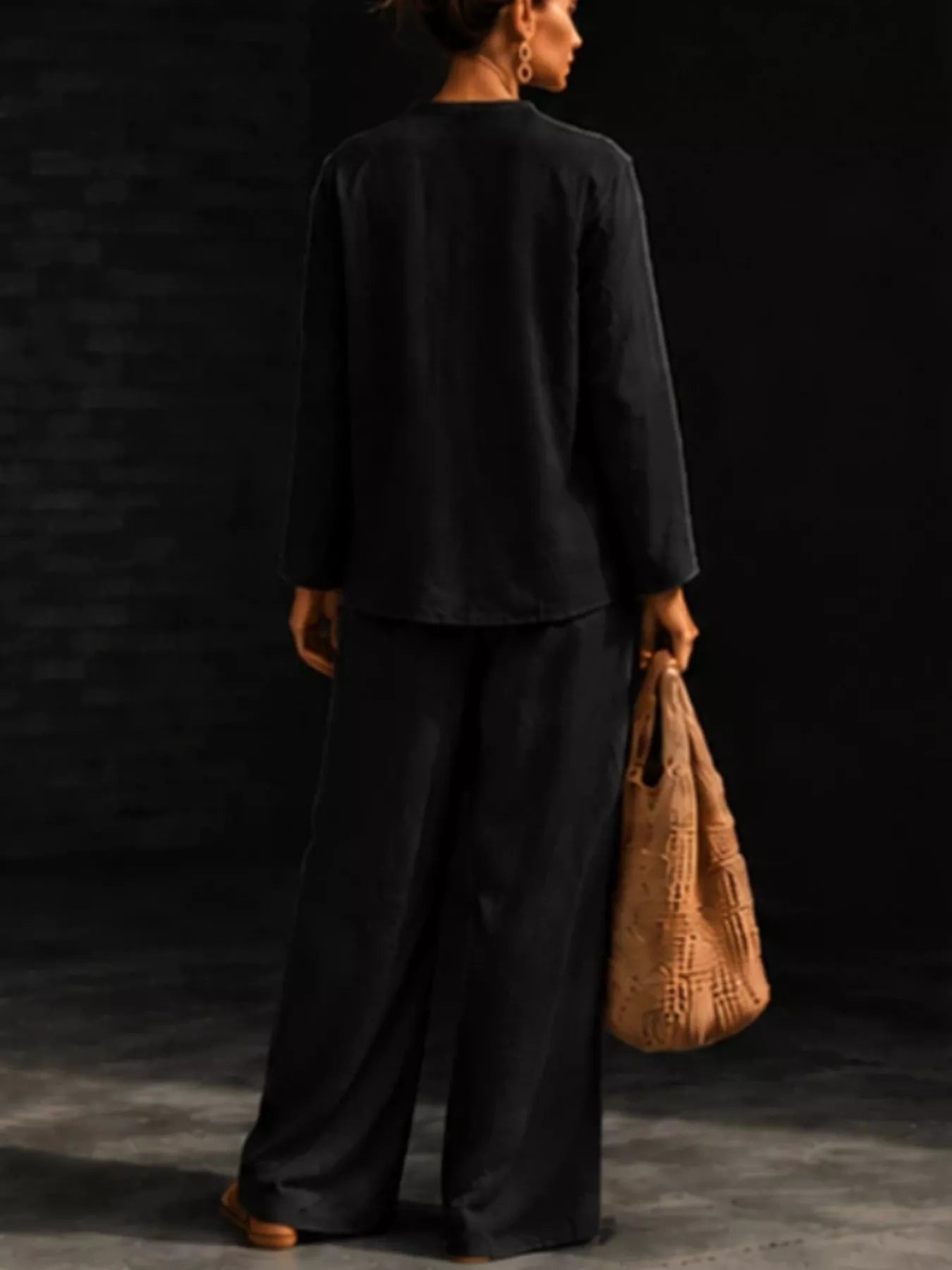Notched Long Sleeve Top and Pants Set